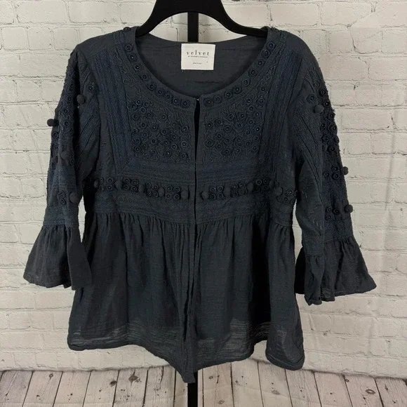 Velvet Graham & Spencer Womens Beaded Embroidered Top Gray Cotton Size Small - Picture 1 of 9